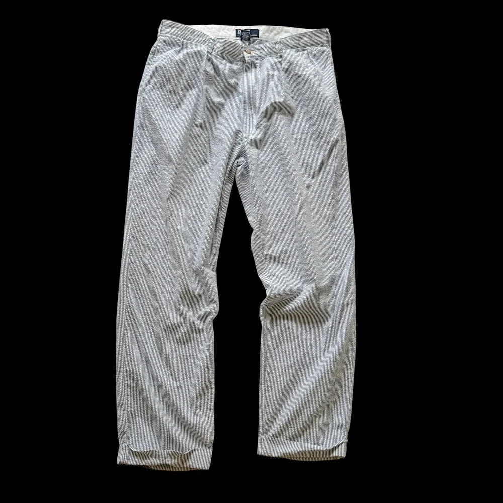 90's Polo Ralph Lauren Andrew Pant 38x30 Blue Seersucker Pleated Cuffed Cotton